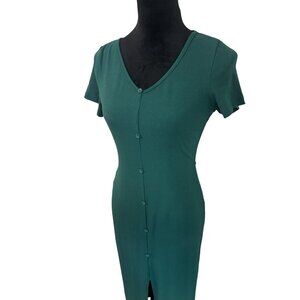 Halara Elegant Deep Green Ribbed Faux Button Front Midi Dress With Short Sleeves